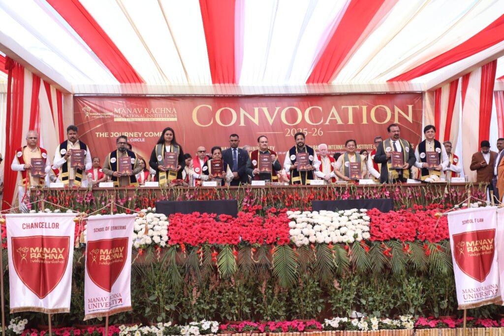 2,150 students conferred degrees at Manav Rachna; Union Minister J.P. Nadda noted the increase in the number of AIIMS from 6 to 23.