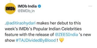 Aditi Rao Hydari makes an appearance on IMDB's list of popular Indian celebrities Actress expresses happiness